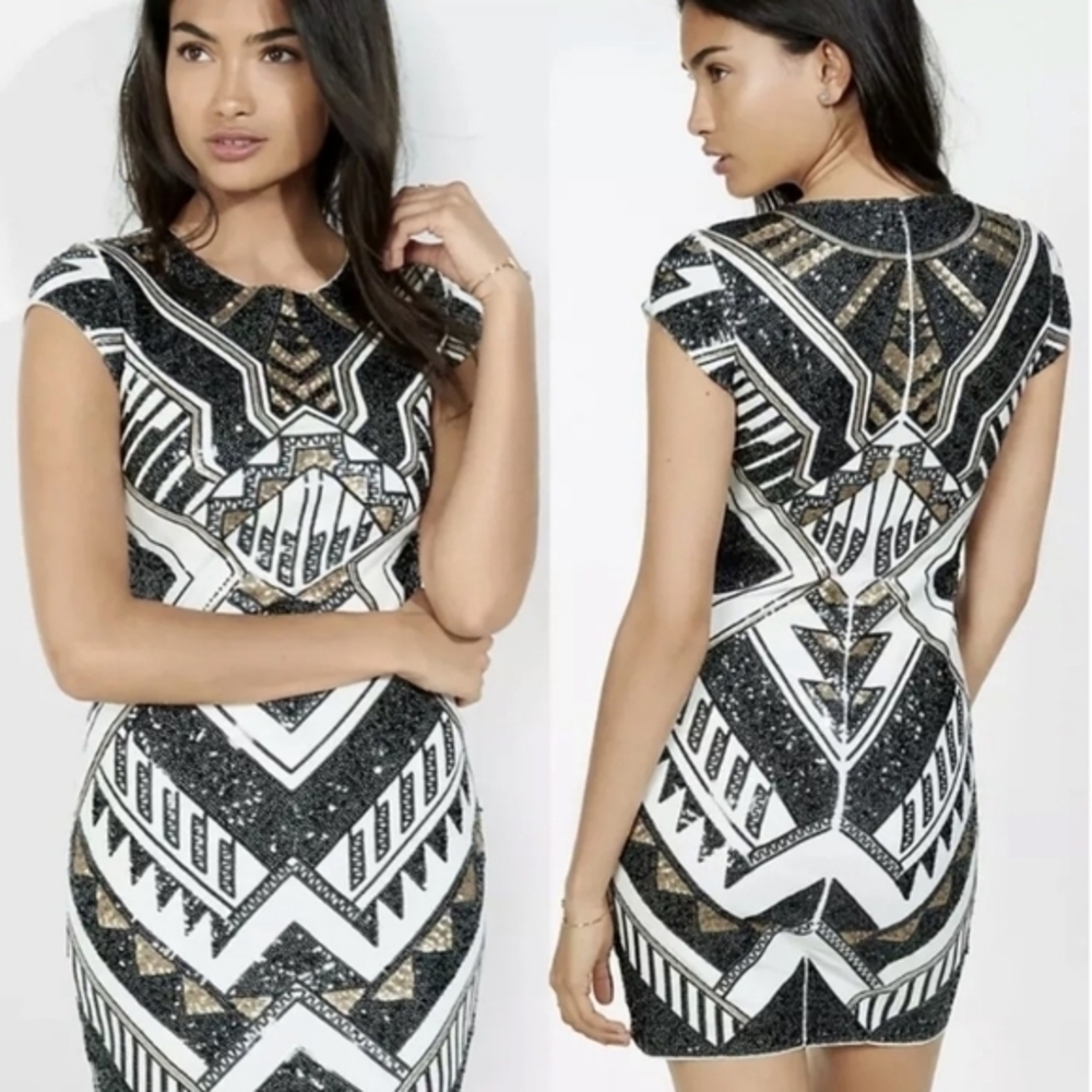 Express Black, White, and Gold Patterned Mini Dress